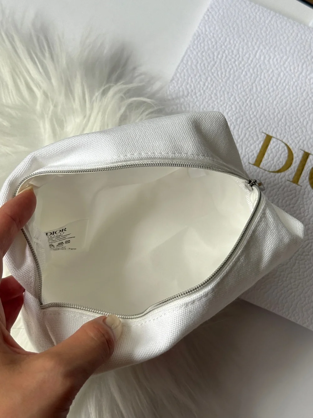 Miss Dior White Canvas Pouch with Pink 'Miss Dior' Embroidery New